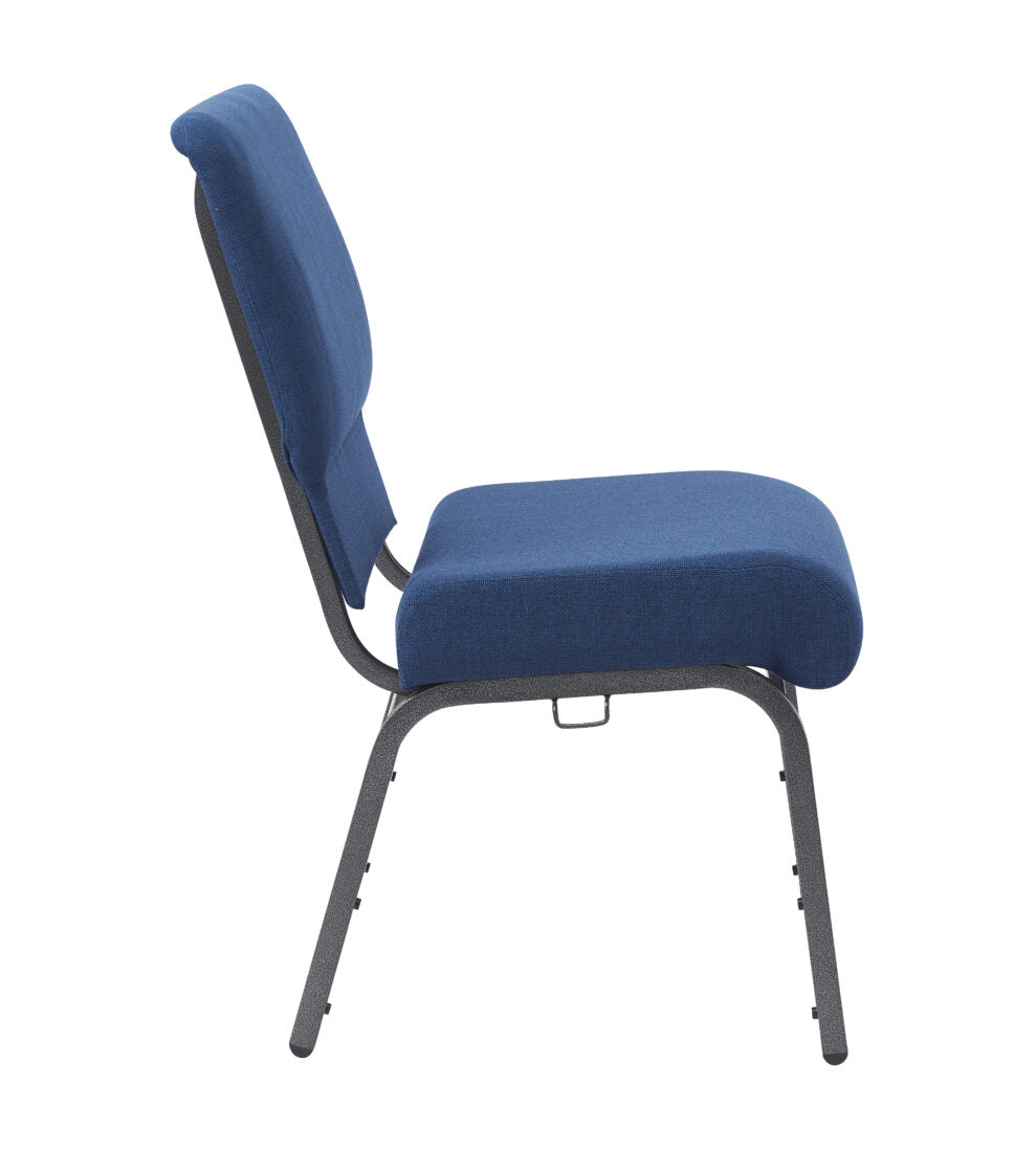 Church Chair - Blue (Cobalt) Fabric on Silver Vein Frame, 20.5" Wide Seat, 4" Thick Seat with Cut Away Back and Pouch CH20BLSV-ZF-T