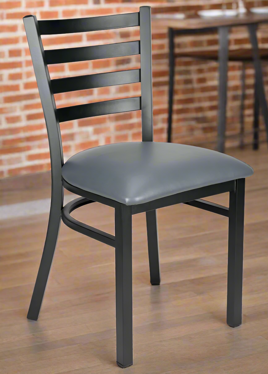 Ladder Back Restaurant Chair with Black Metal Frame and Dark Grey Vinyl Seat