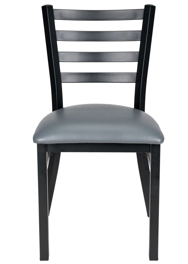 Ladder Back Restaurant Chair with Black Metal Frame and Dark Grey Vinyl Seat