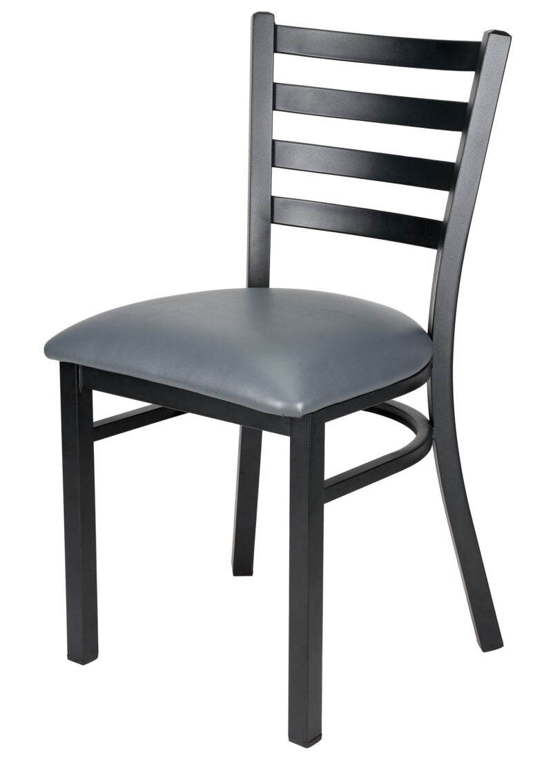 Ladder Back Restaurant Chair with Black Metal Frame and Dark Grey Vinyl Seat