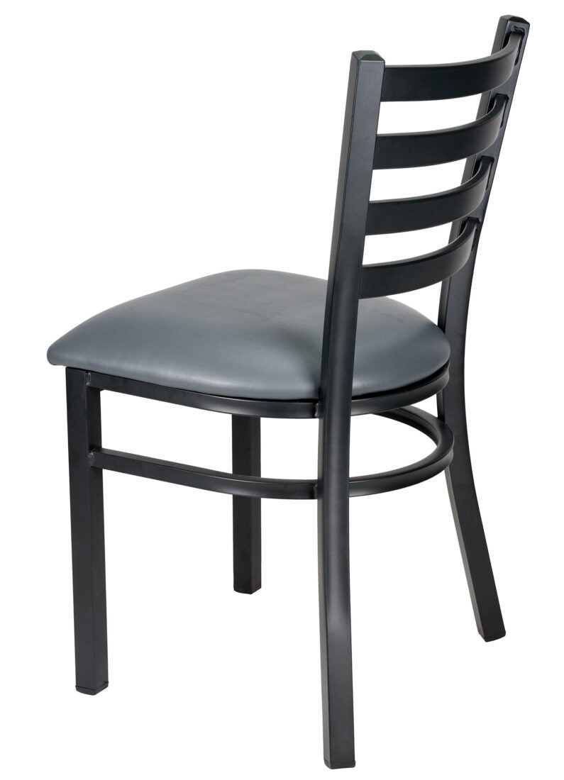 Ladder Back Restaurant Chair with Black Metal Frame and Dark Grey Vinyl Seat