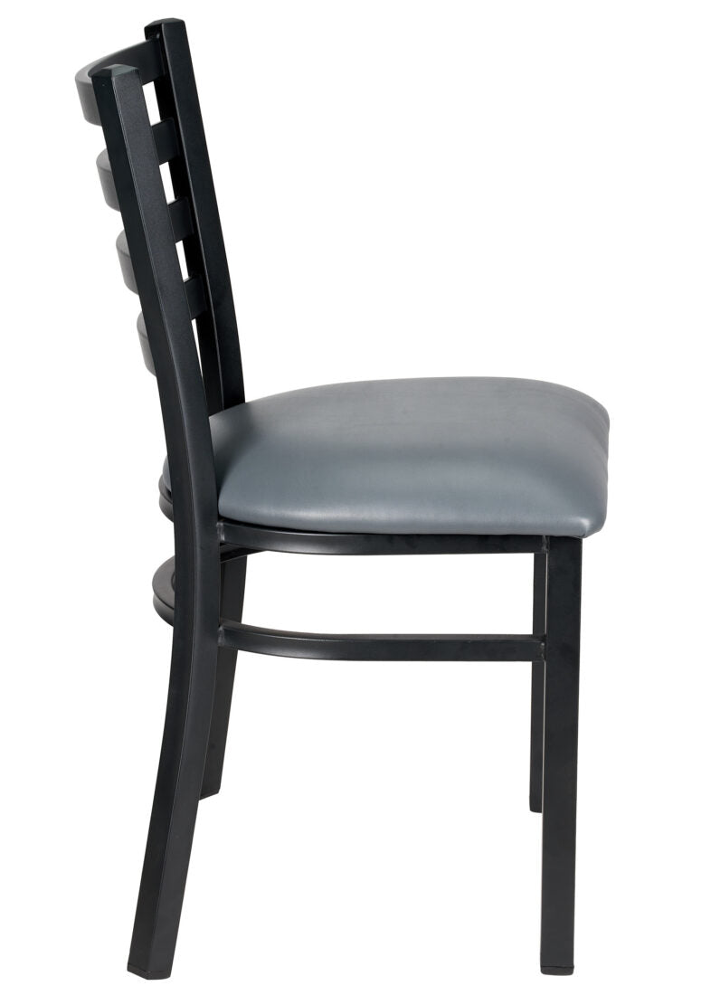 Ladder Back Restaurant Chair with Black Metal Frame and Dark Grey Vinyl Seat