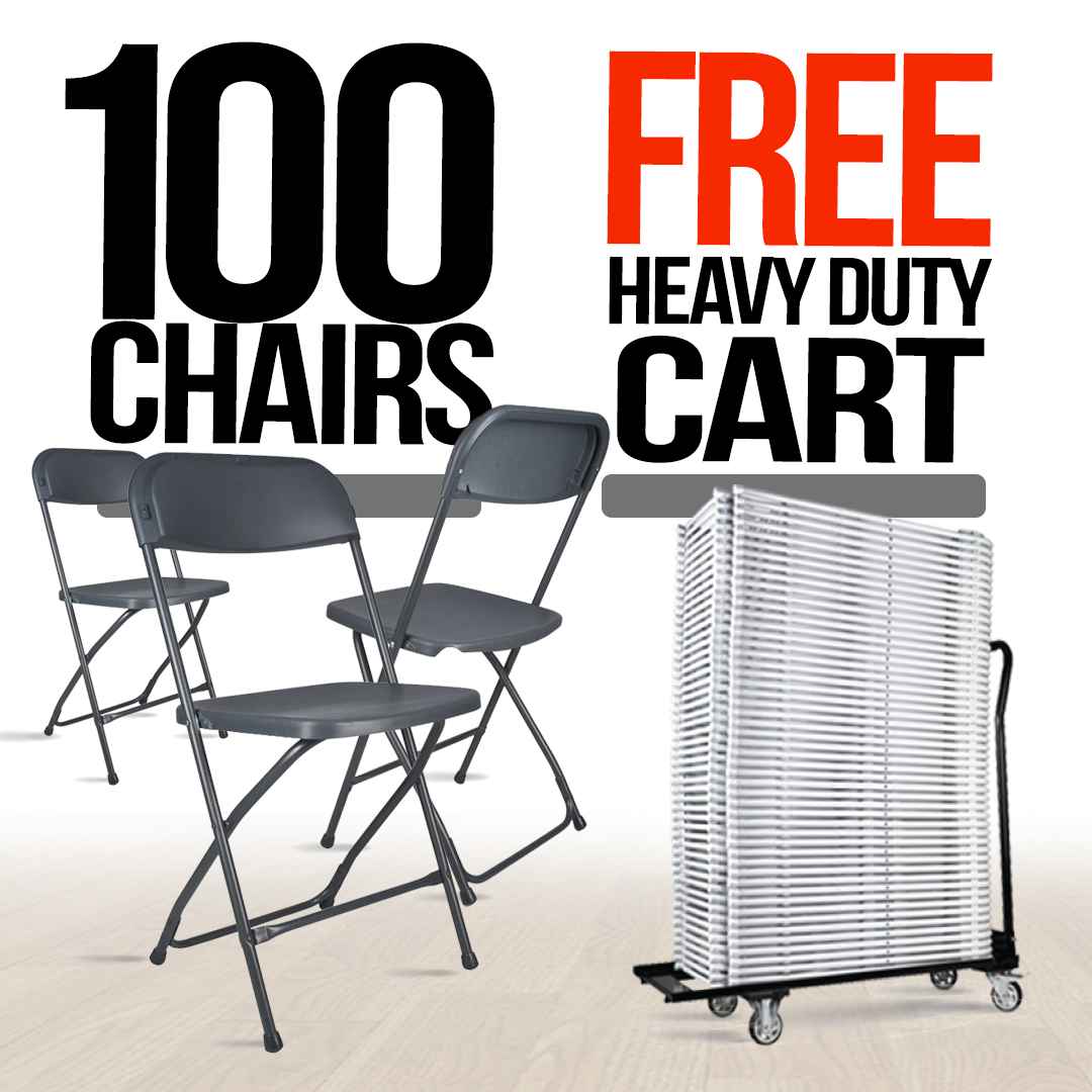 100 Pack Dark Gray Plastic Folding Chair and Cart Bundle