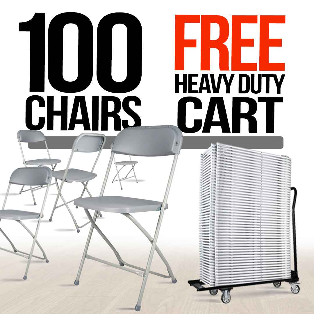 100 Pack Gray Plastic Folding Chair and Cart Bundle
