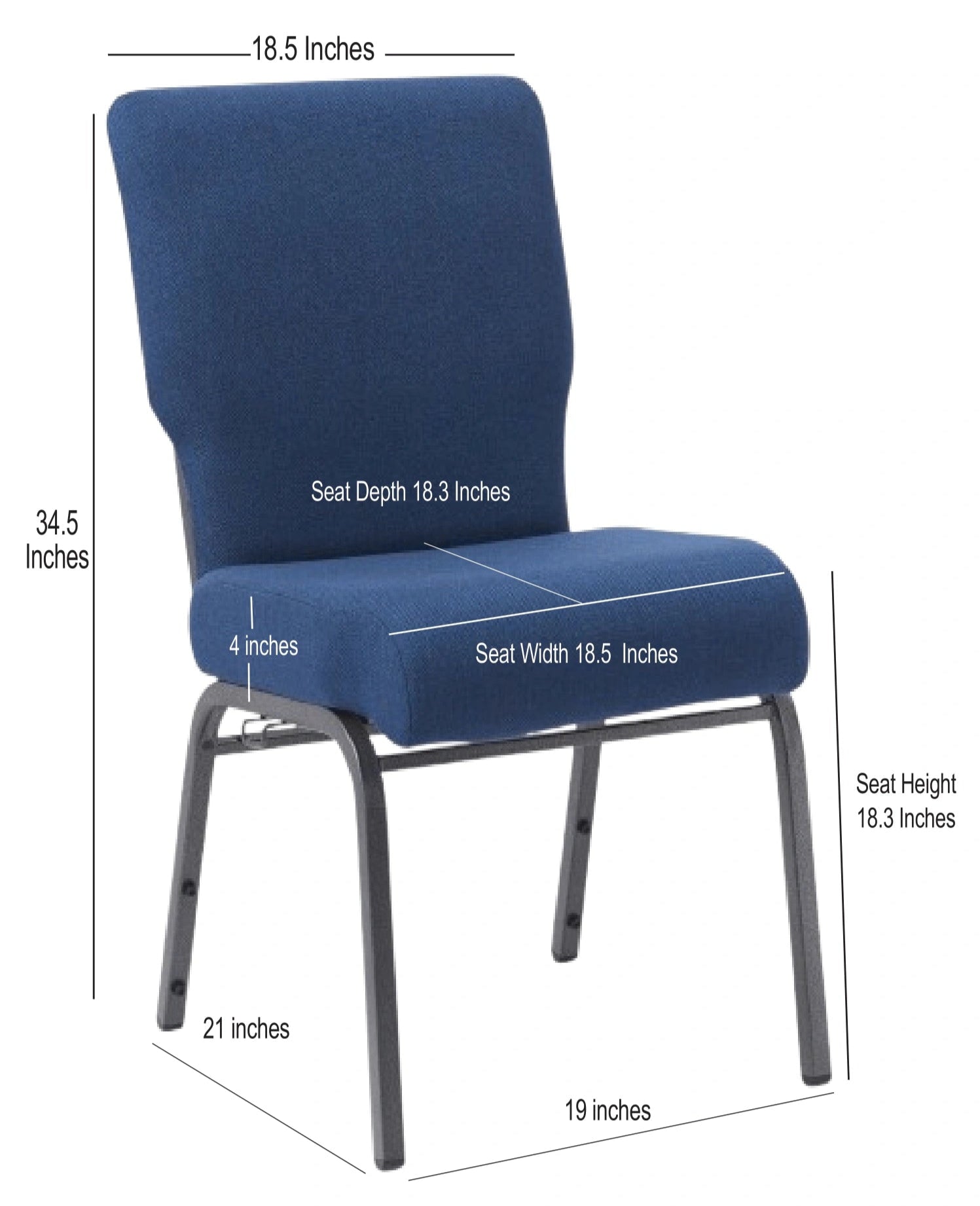 Indigo Fabric Church Chair with Cut-Away Back 18.5