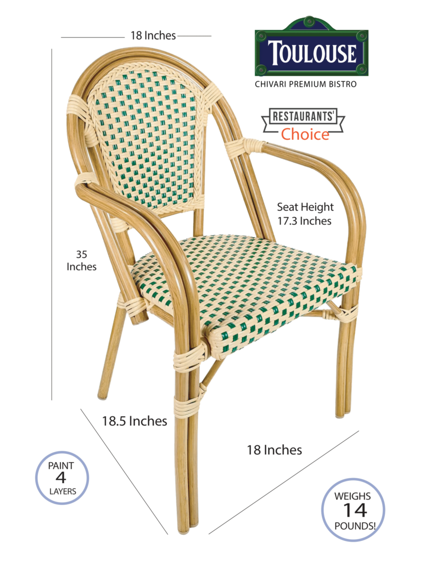 Beige & Green with Arms French Bistro Patio Dining Chair by Chivari BPAW-AX-T