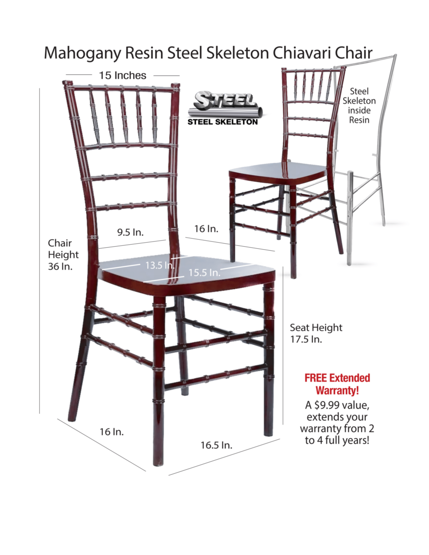 Mahogany Resin Steel Skeleton Chiavari Chair Specifications