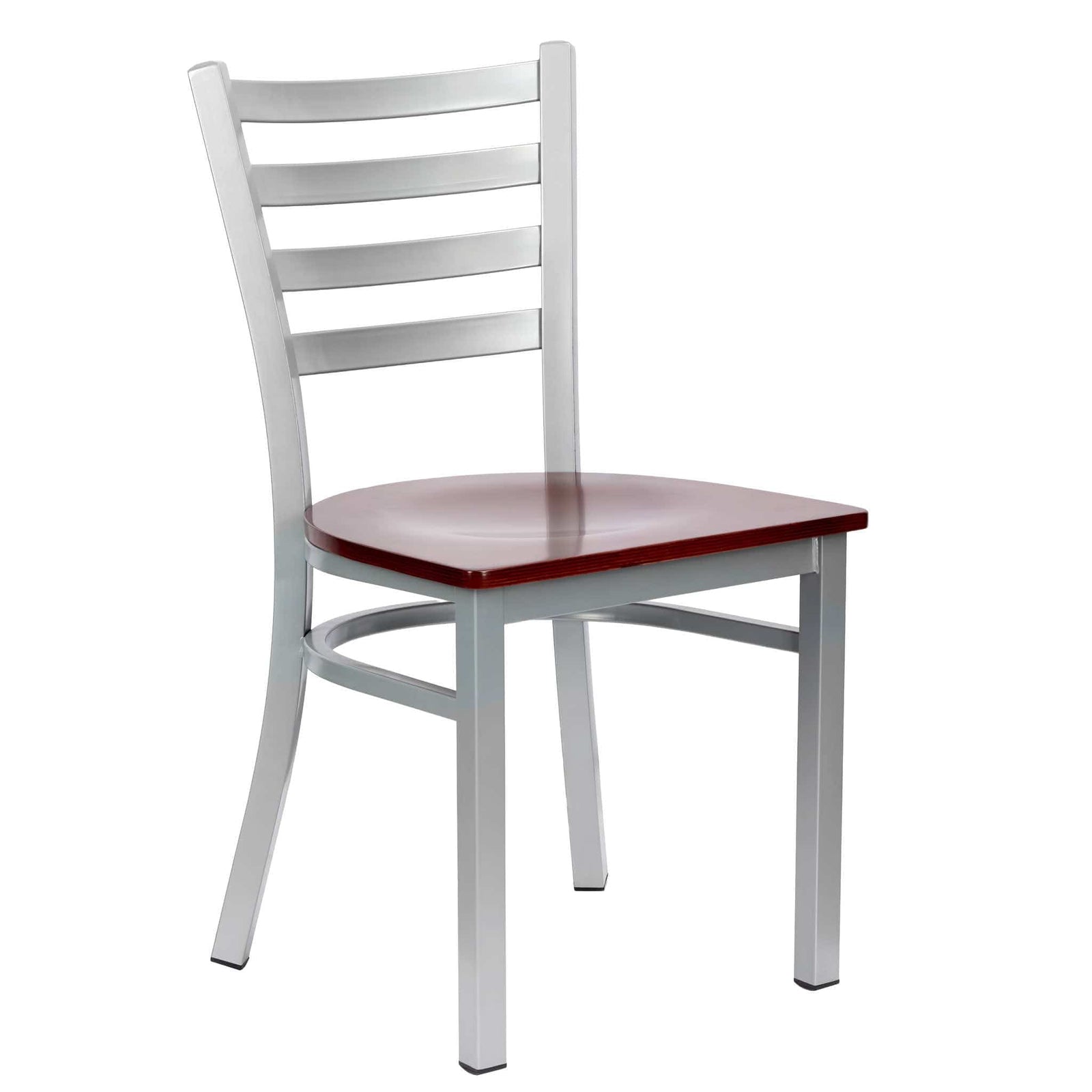 Chivari Ladder Back Restaurant Chair with Silver Frame and Mahogany Wood Seat CLMSWMW-ZF-KT