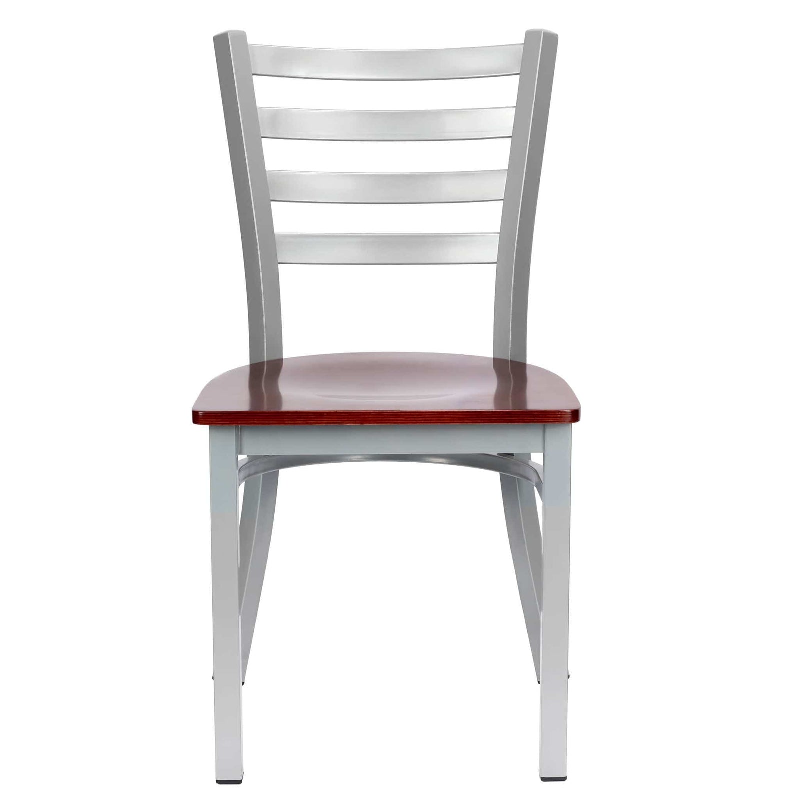 Chivari Ladder Back Restaurant Chair with Silver Frame and Mahogany Wood Seat CLMSWMW-ZF-KT