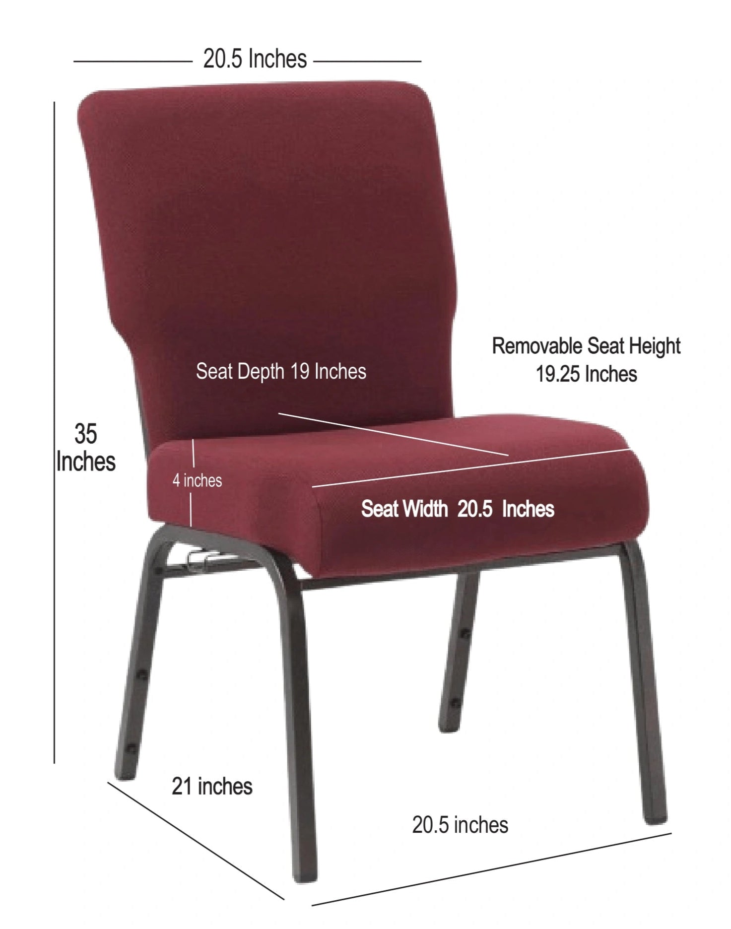 Maroon Fabric Church Chair with Full Back 20.5