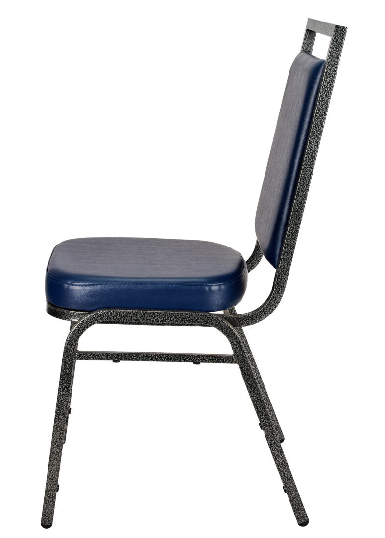 Navy Blue Vinyl on Silver Vein Steel Frame Square Back Banquet Chair by Chivari CQSVBLU-ZF-T