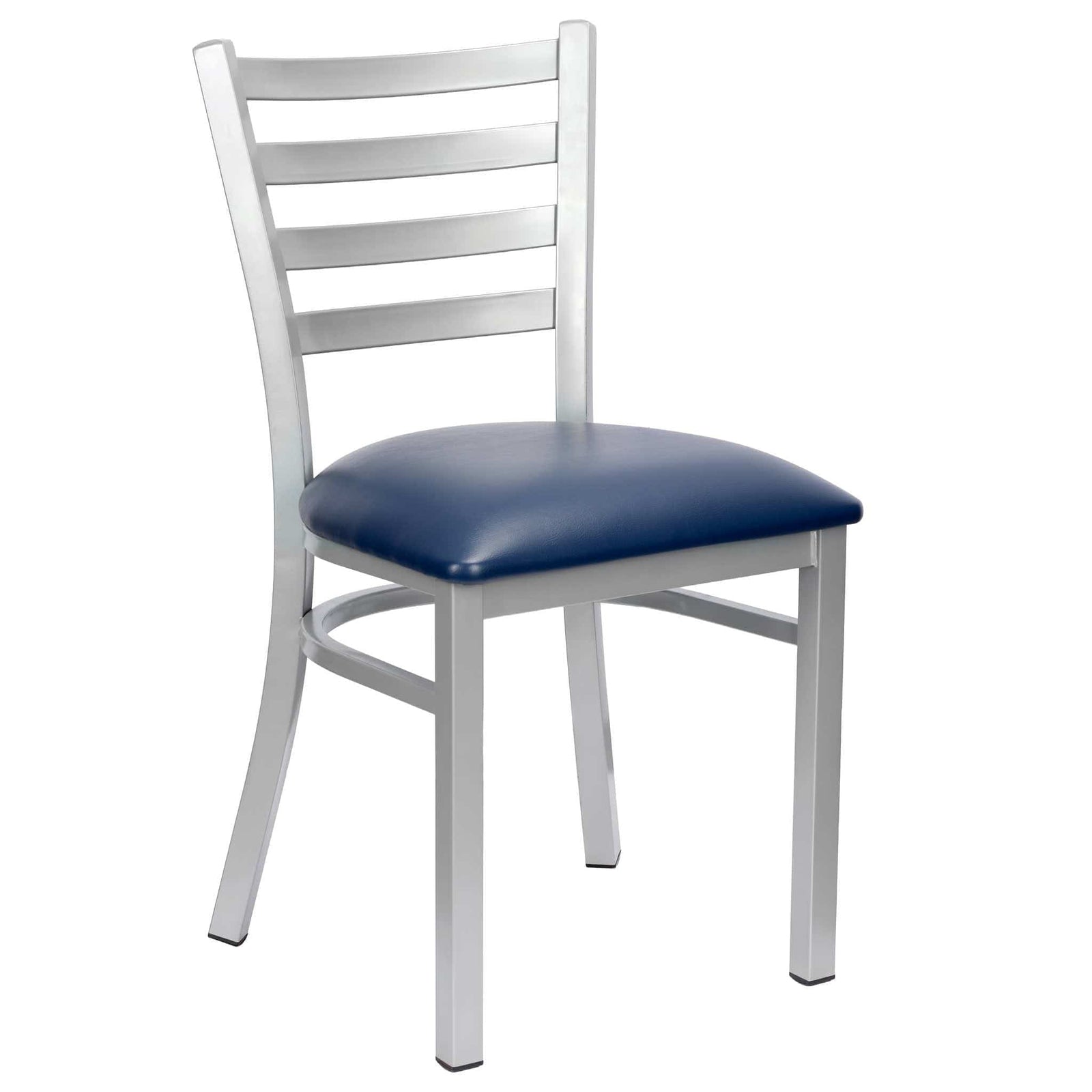 Chivari Ladder Back Restaurant Chair with Silver Frame and Navy Blue Vinyl Seat CLMSVNB-ZF-KT