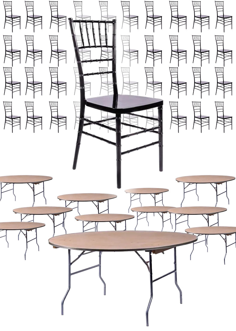 100 Person Luxury Event Package: Includes 100 Black Resin Steel Core Chiavari Chairs Plus 10 Round 72