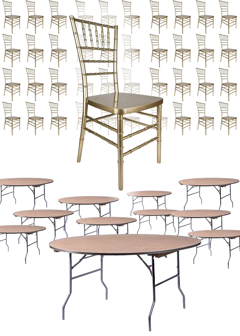 100 Person Luxury Event Package: Includes 100 Sparkling Gold Champagne Resin Steel Core Chiavari Chairs Plus 10 Round 72