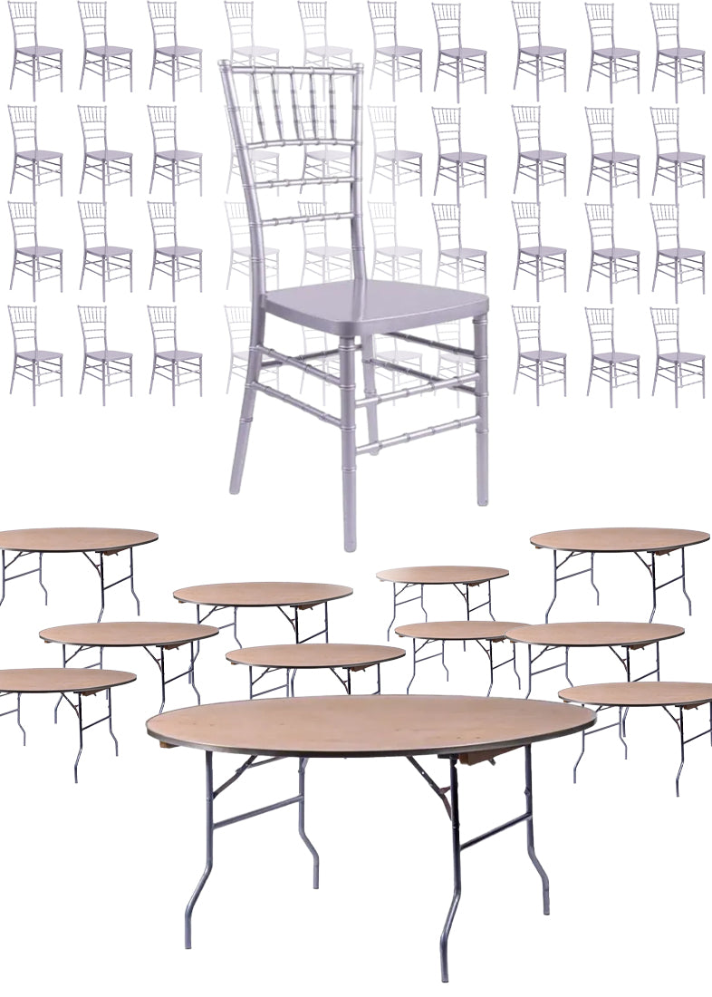 100 Person Luxury Event Package: Includes 100 Silver Resin Steel Skeleton Chiavari Chairs Plus 10 Round 72″ Heavy Duty Banquet Folding Tables Plus a Banquet Table Cart by Chivari PACK100CCRSSTEEL1072RD-T