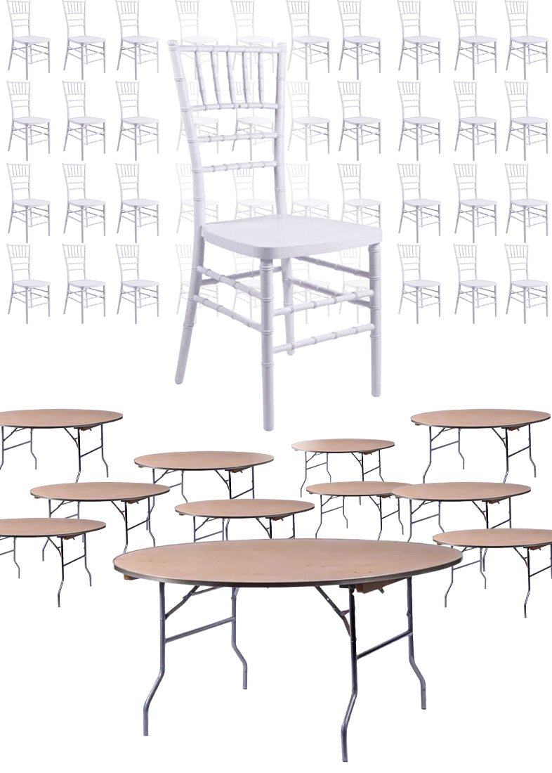 100 Person Luxury Event Package: Includes 100 White Resin Steel Skeleton Chiavari Chairs Plus 10 Round 72″ Heavy Duty Banquet Folding Tables Plus a Banquet Table Cart by Chivari PACK100CCRWSTEEL1072RD-T