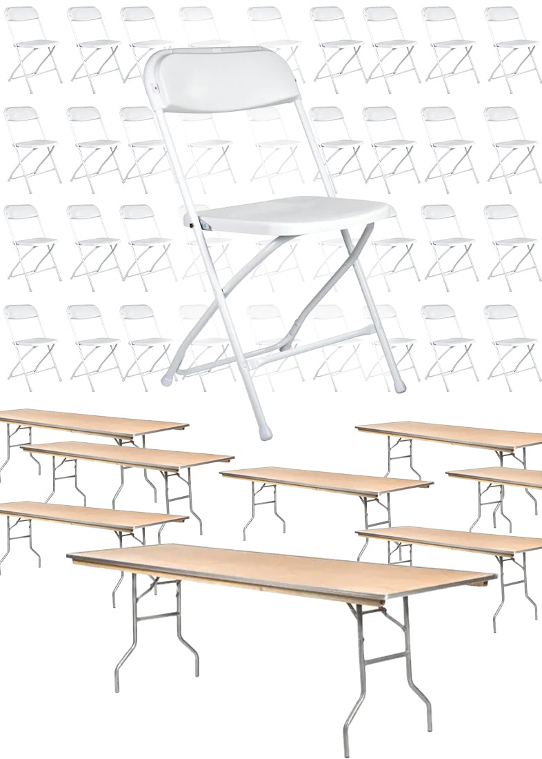 100 White Poly Folding Chairs + 10 Rectangular Plywood Banquet Tables PACK100CFPW-CX-T-TPLYRT9630M-1