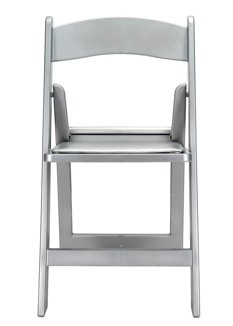 Silver with Silver Vinyl Cushion Resin Folding Chair by Chivari (Per Chair Price Shown – Sold only in Quantities of 4)