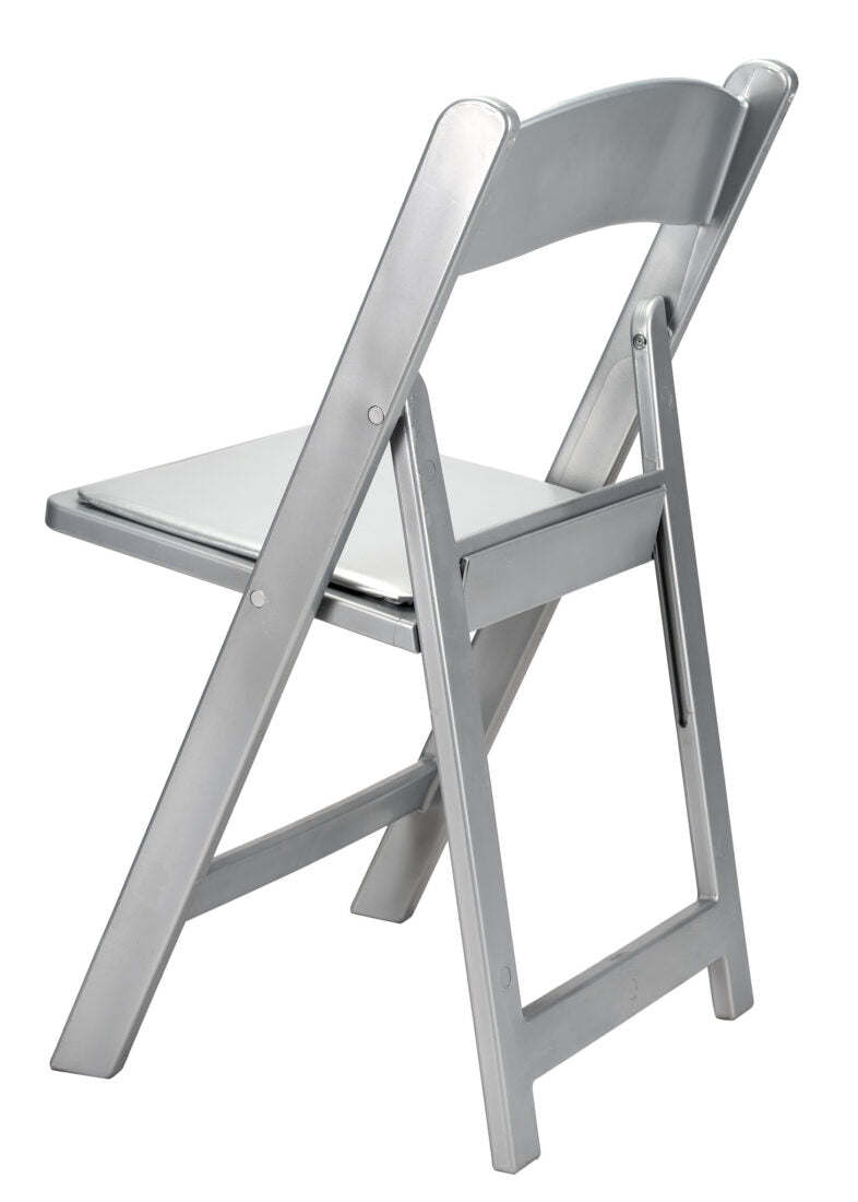 Silver with Silver Vinyl Cushion Resin Folding Chair by Chivari (Per Chair Price Shown – Sold only in Quantities of 4)