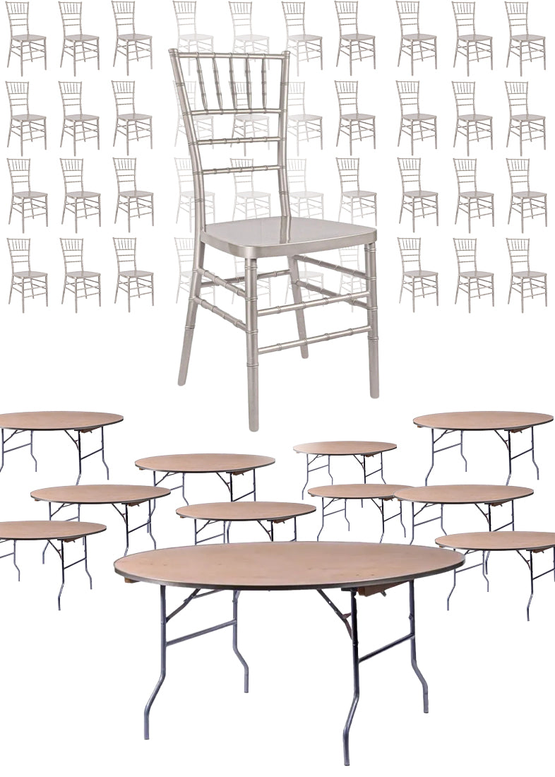 100 Person Luxury Event Package: Includes 100 Sparkling Silver Champagne Resin Steel Skeleton Chiavari Chairs Plus 10 Round 72″ Heavy Duty Banquet Folding Tables Plus a Banquet Table Cart by Chivari PACK100CCRCHSSPSTEEL1072RD-T