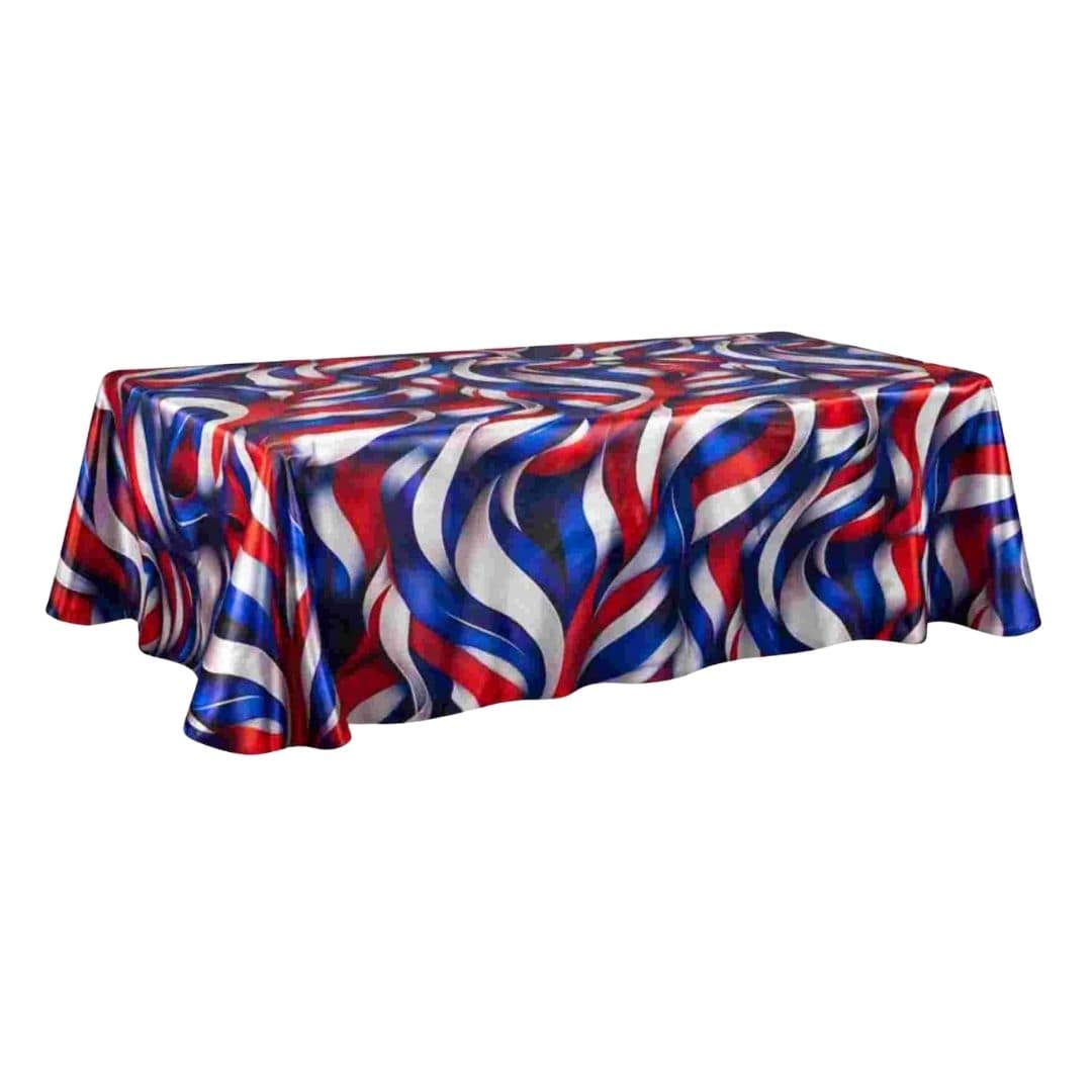 Chivari 90" x 132" Rectangle Tablecloth Lamour Matte Satin Patriotic Ribbon TBC-72X30PN01