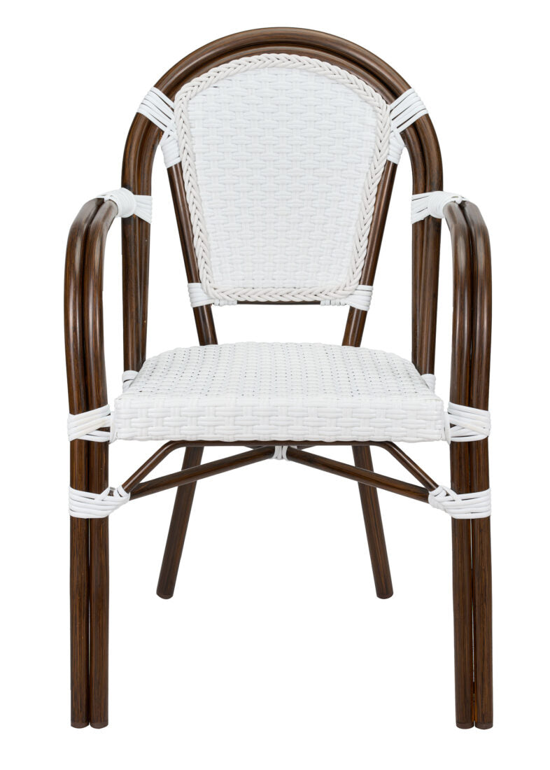 White on White French Bistro Patio Dining Chair with Arms