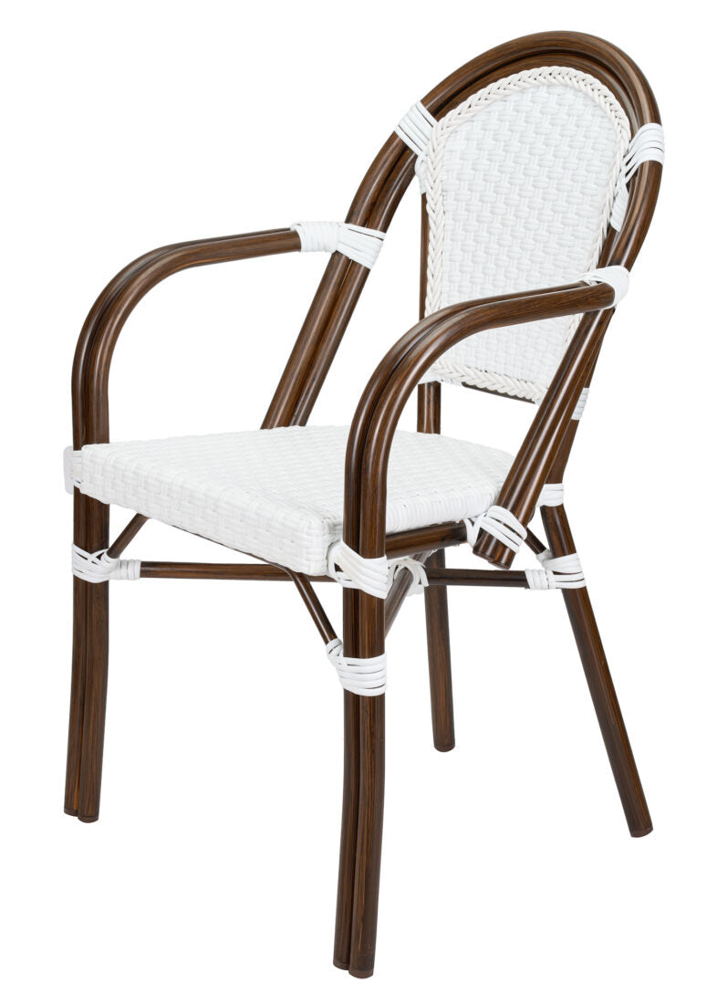 White on White French Bistro Patio Dining Chair with Arms