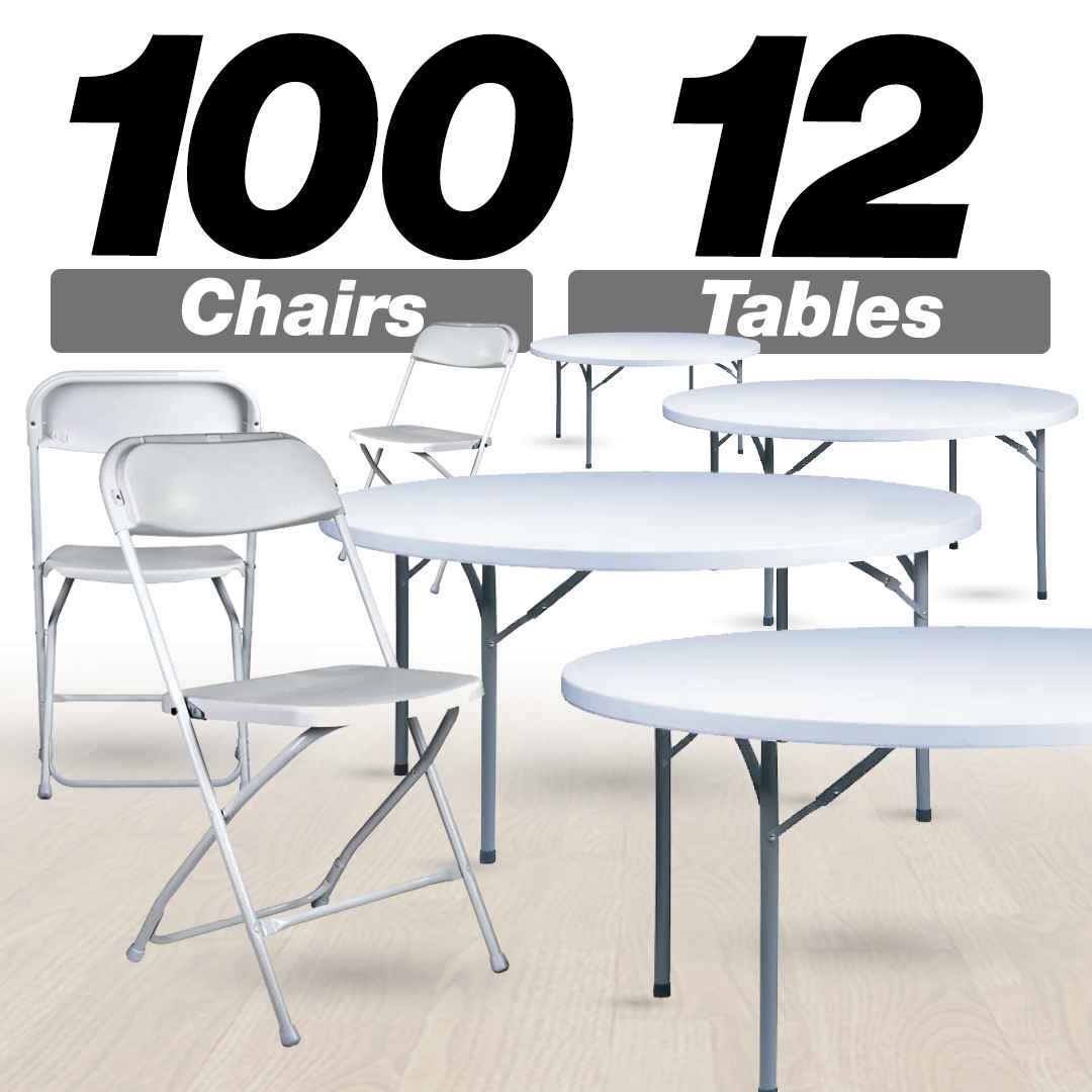 100 Pack White Plastic Folding Chair and 12 60