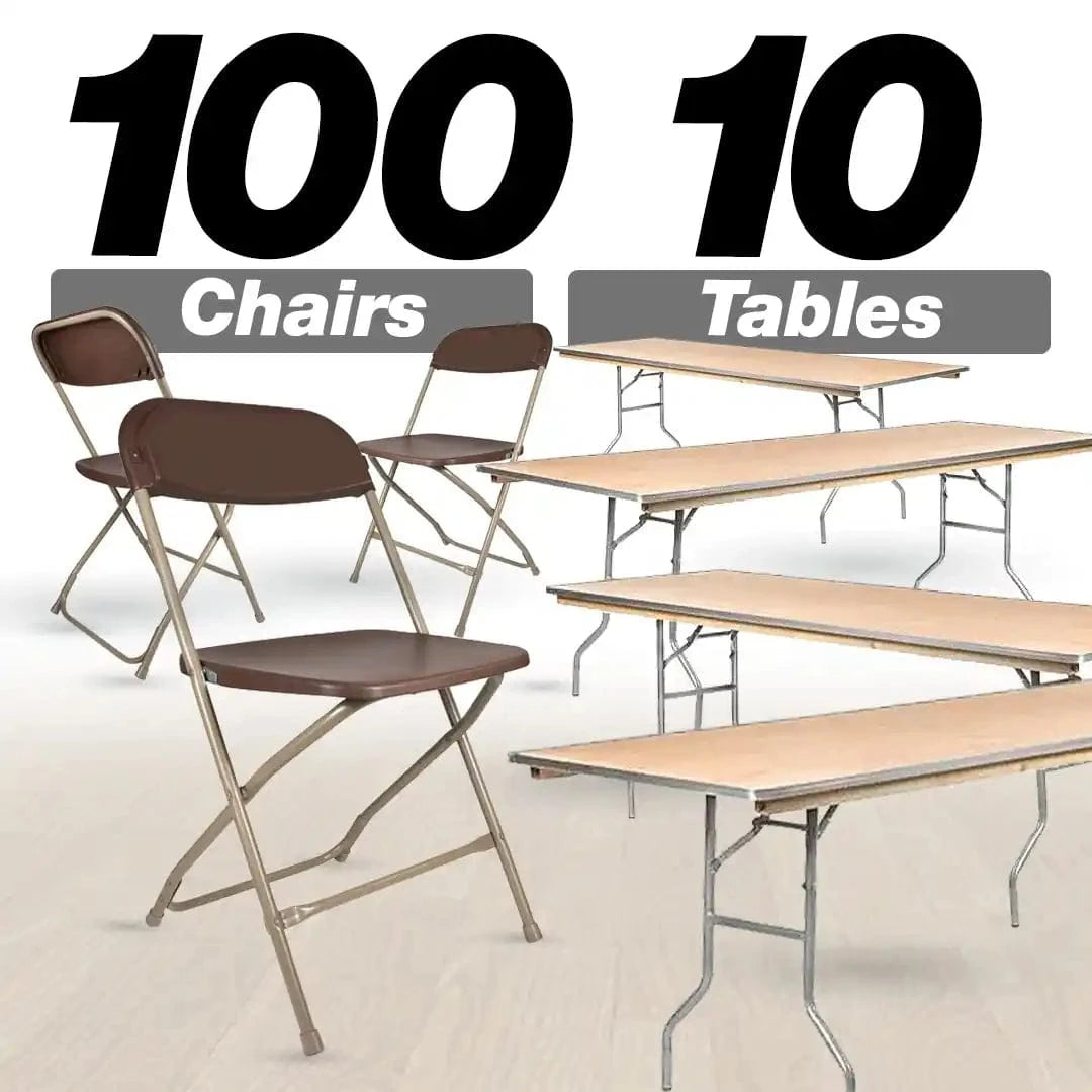 100 Pack Brown Plastic Folding Chair and 10 96" (8 Foot) Rectangular Plywood Banquet Table