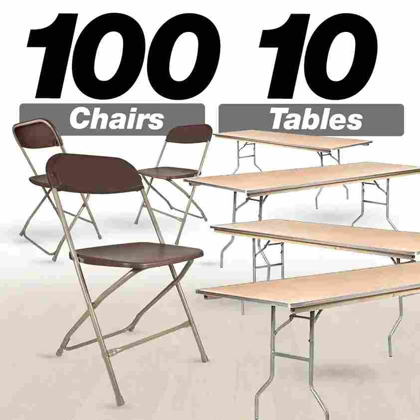 Chivari 100 Pack Brown Plastic Folding Chair and 10 96" (8 Foot) Rectangular Plywood Banquet Table CFPBR-100PLY96-KT
