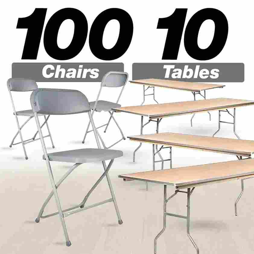 Chivari 100 Pack Gray Plastic Folding Chair and 10 96" (8 Foot) Rectangular Plywood Banquet Table CFPG-100PLY96-KT
