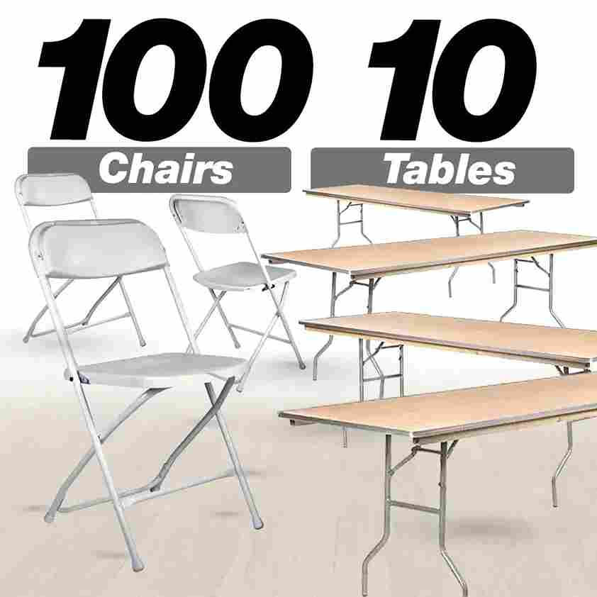 Chivari 100 Pack White Plastic Folding Chair and 10 96" (8 Foot) Rectangular Plywood Banquet Table CFPW-100PLY96-KT