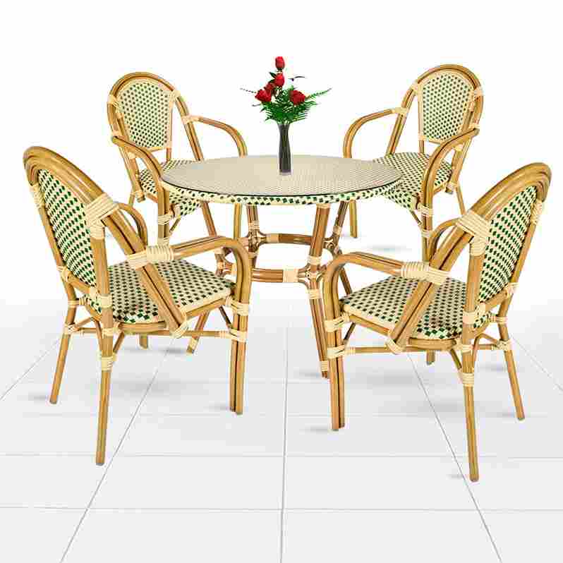 Toulouse Beige and Green French Bistro Set Includes 40" Table and 4 Chairs with Arms FBK-BG-AW4-AX