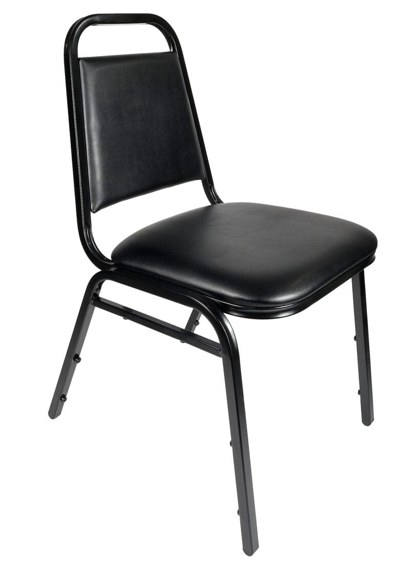Chivari Scratch and Dent Black Vinyl Black Steel Frame Trapezoid Back 34" Banquet Chair CQTVB4-ZF-T-SD
