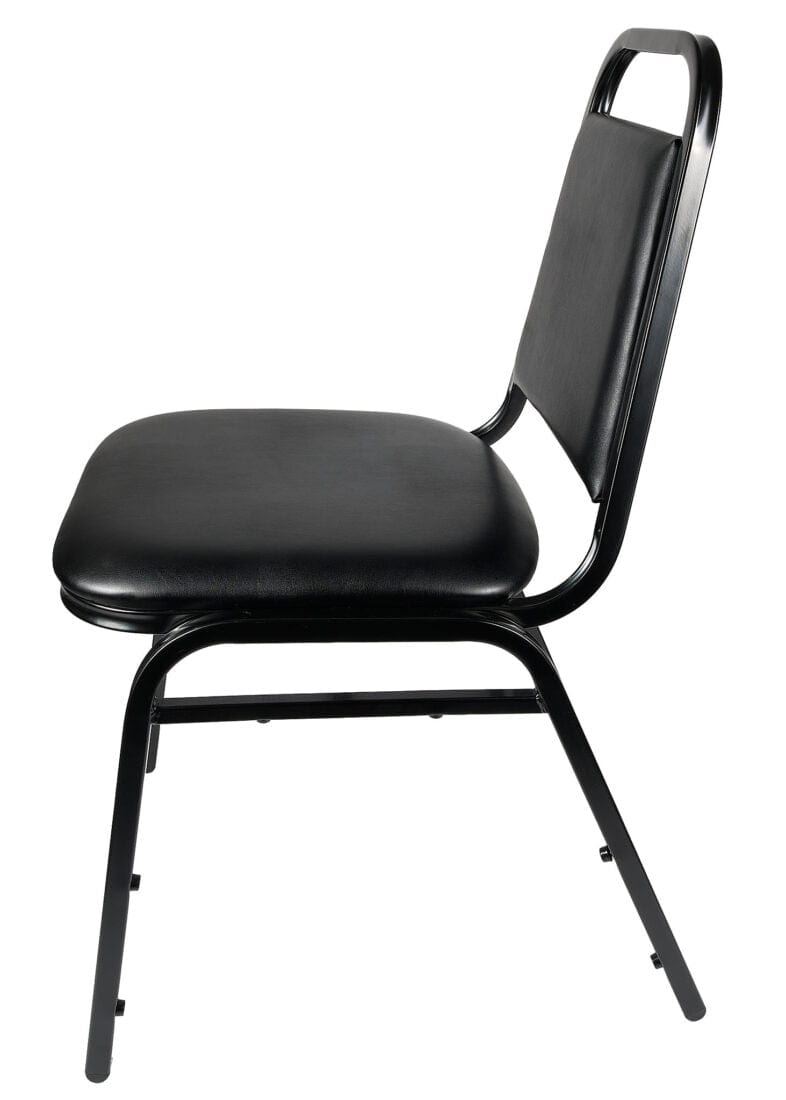 Chivari Scratch and Dent Black Vinyl Black Steel Frame Trapezoid Back 34" Banquet Chair CQTVB4-ZF-T-SD