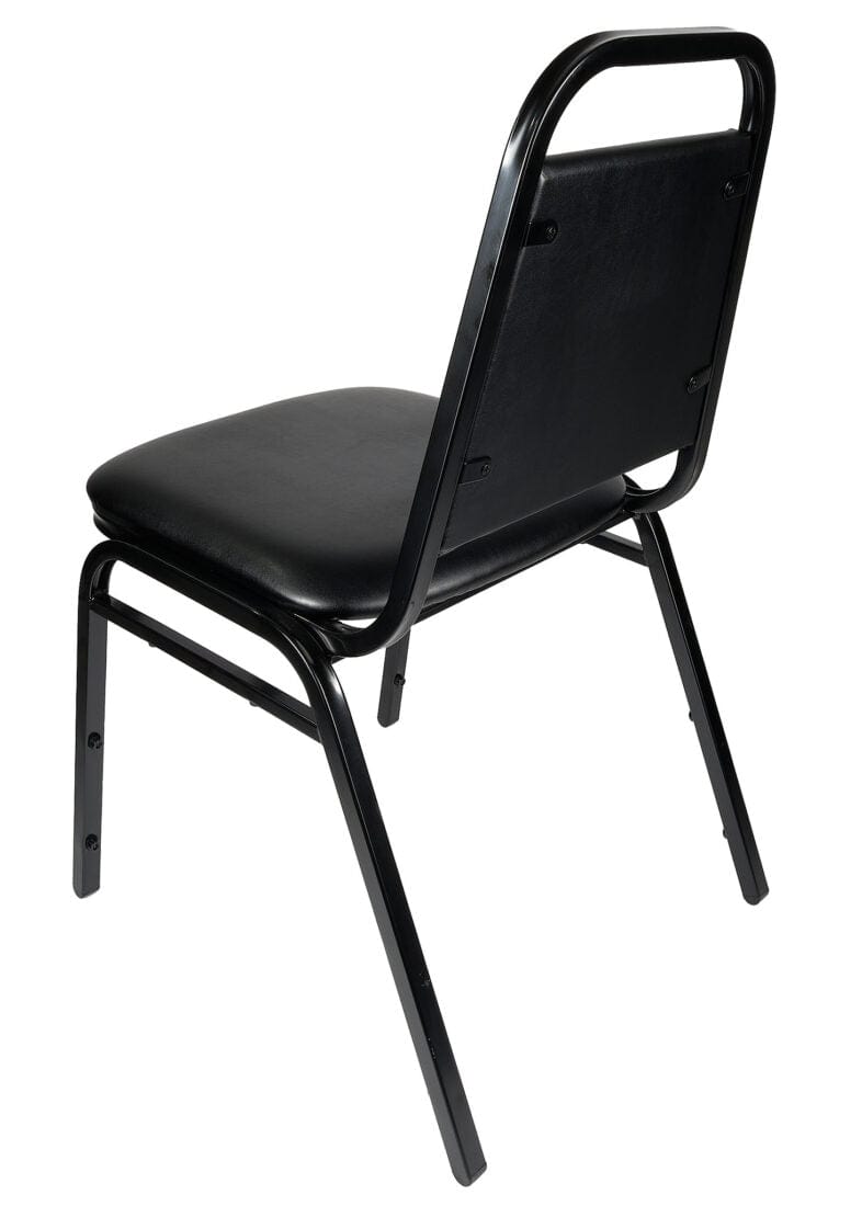 Chivari Scratch and Dent Black Vinyl Black Steel Frame Trapezoid Back 34" Banquet Chair CQTVB4-ZF-T-SD