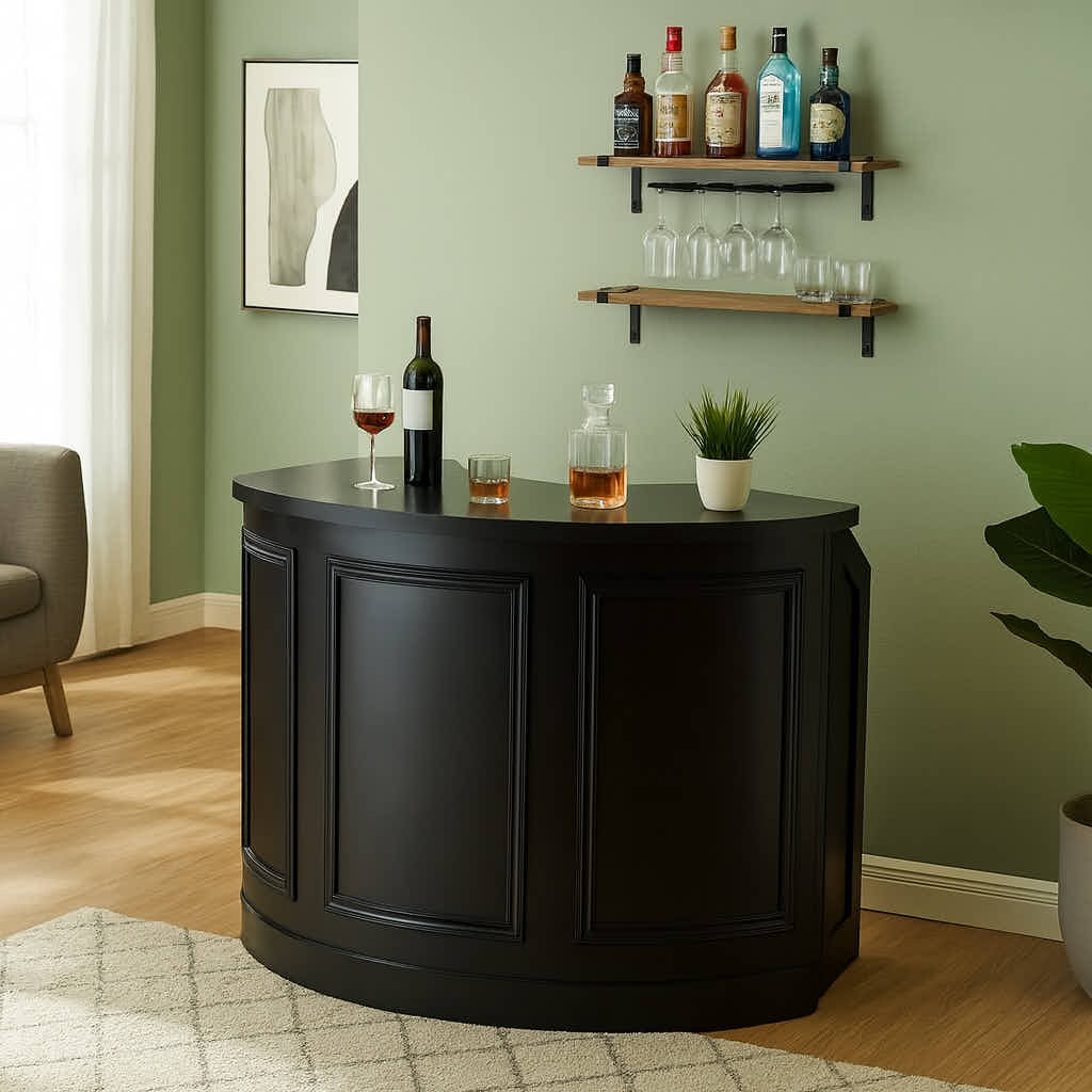 Chivari Scratch and Dent 7' Black 3 Panel Quarter Round Serpentine Bar with HPL Top BAR-SERP3-84KT-BLK-AX-SD