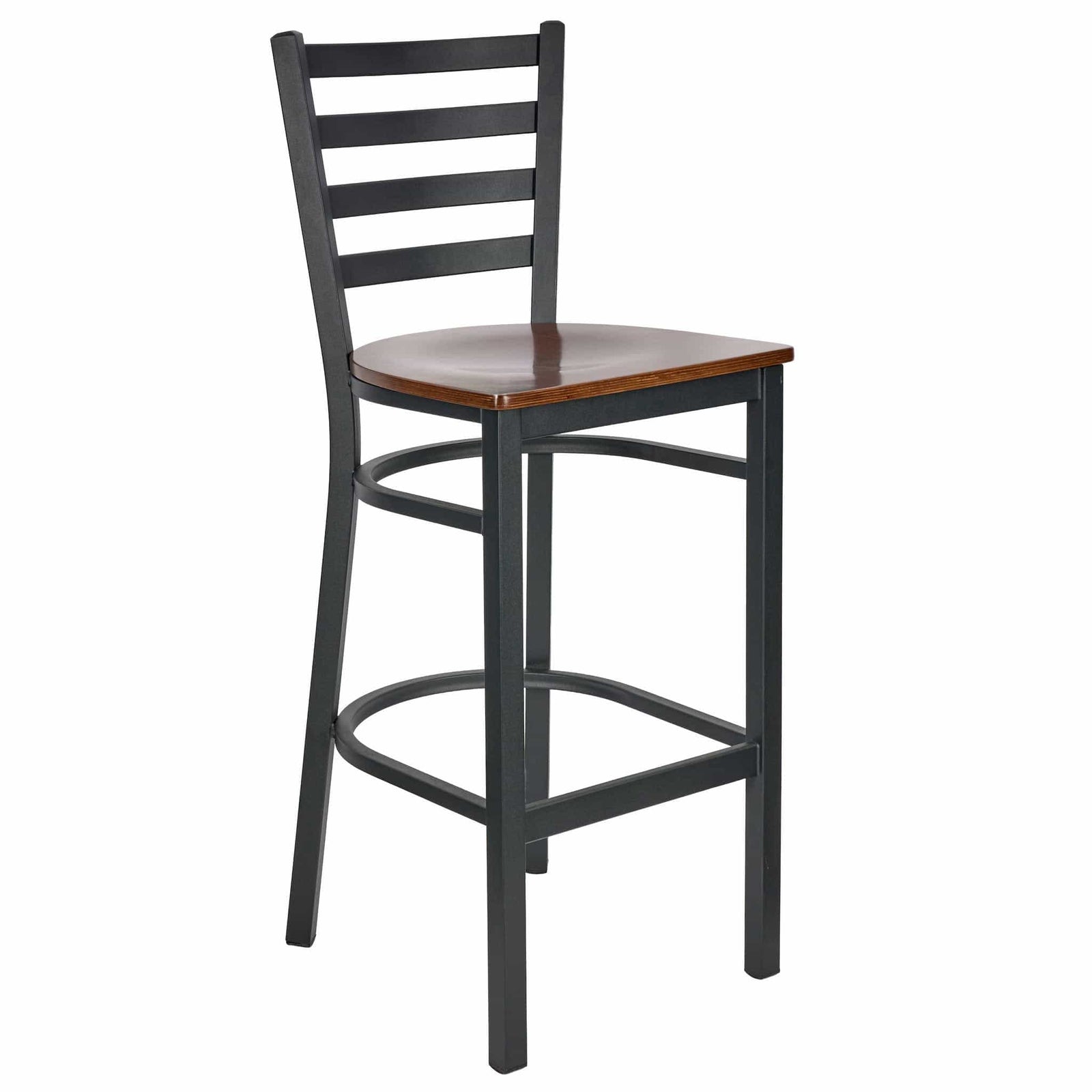 Ladder Back Bar Stool with Black Frame and Dark Wood Seat