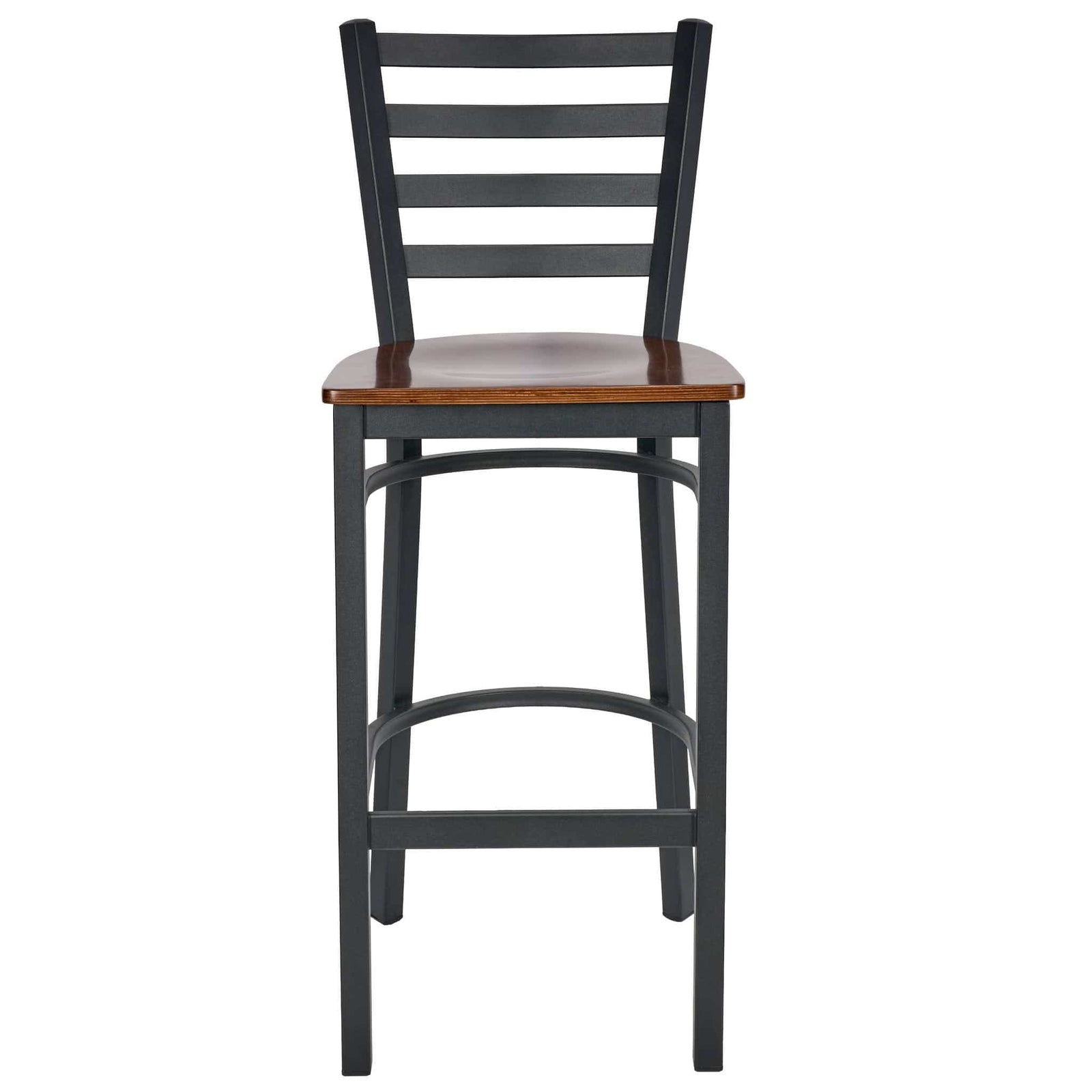 Ladder Back Bar Stool with Black Frame and Dark Wood Seat