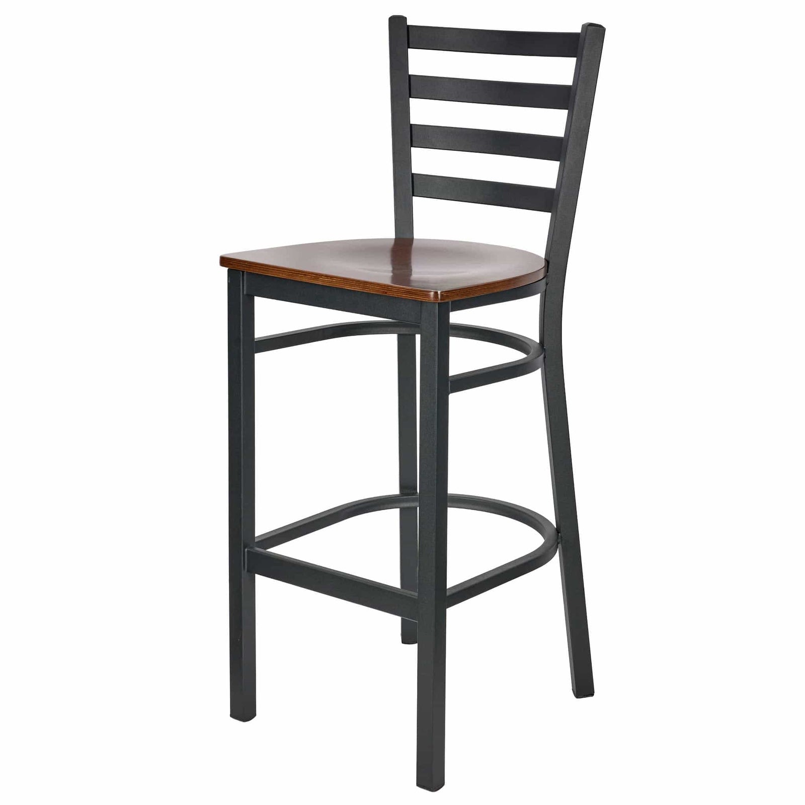 Ladder Back Bar Stool with Black Frame and Dark Wood Seat