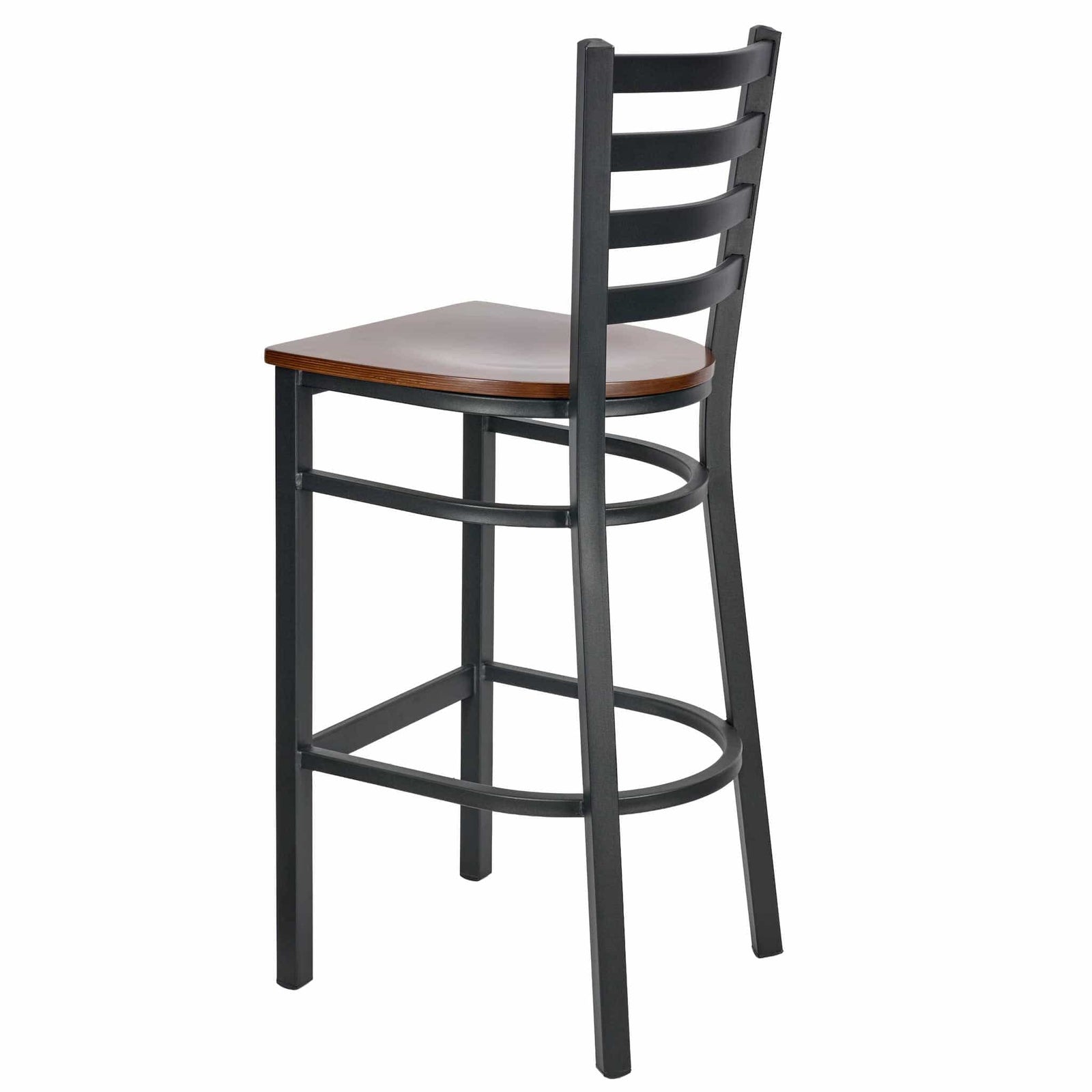 Ladder Back Bar Stool with Black Frame and Dark Wood Seat