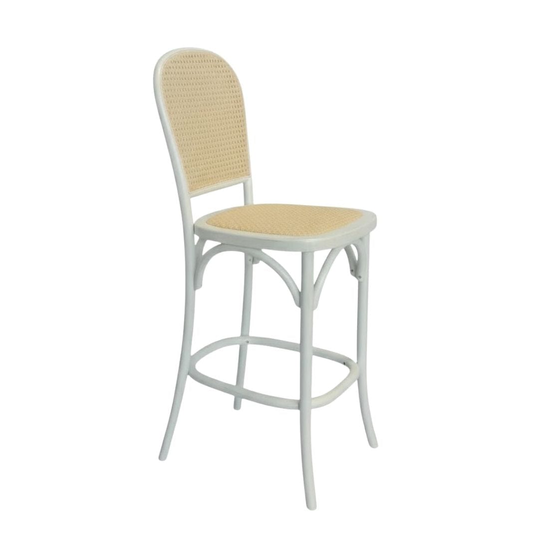 Chivari White Distressed Natural Bent Cane Wood Barstool with Rattan Seat BBCWWDN-ZG-T