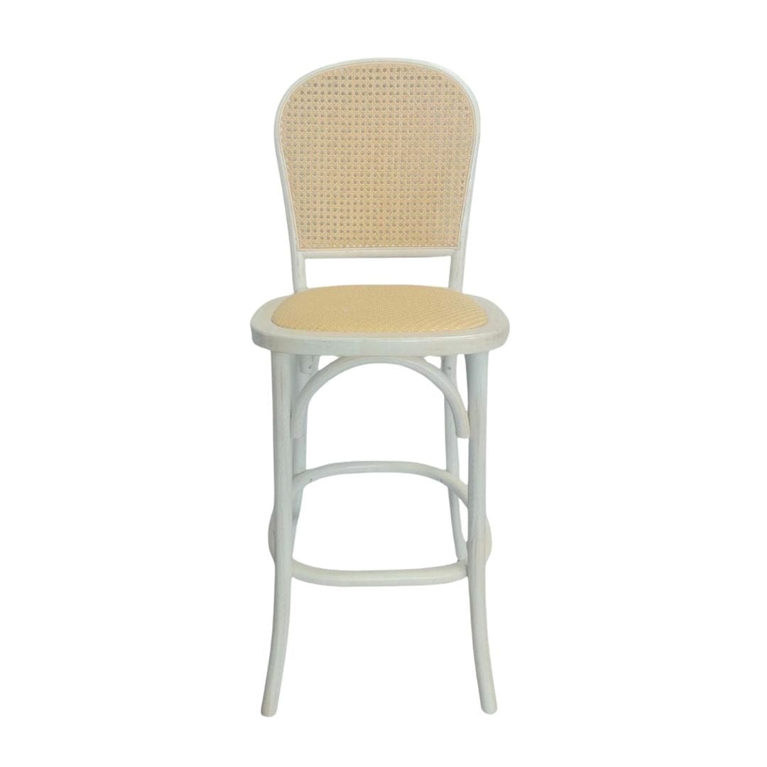 Chivari White Distressed Natural Bent Cane Wood Barstool with Rattan Seat BBCWWDN-ZG-T