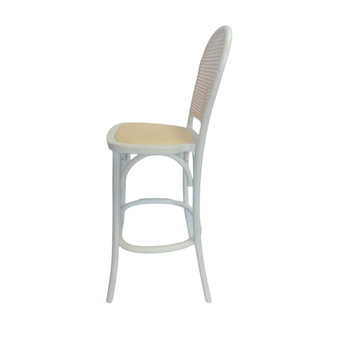 Chivari White Distressed Natural Bent Cane Wood Barstool with Rattan Seat BBCWWDN-ZG-T