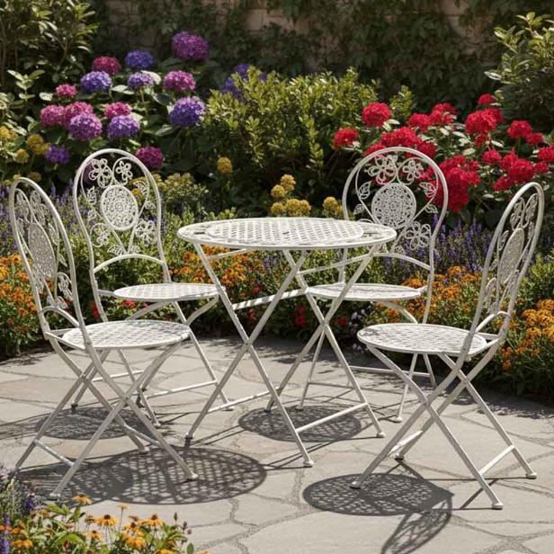 Chivari Barcelona Bistro Set in Antique White includes 28" Table and 4 Round Chairs BBMRW-KT-AX
