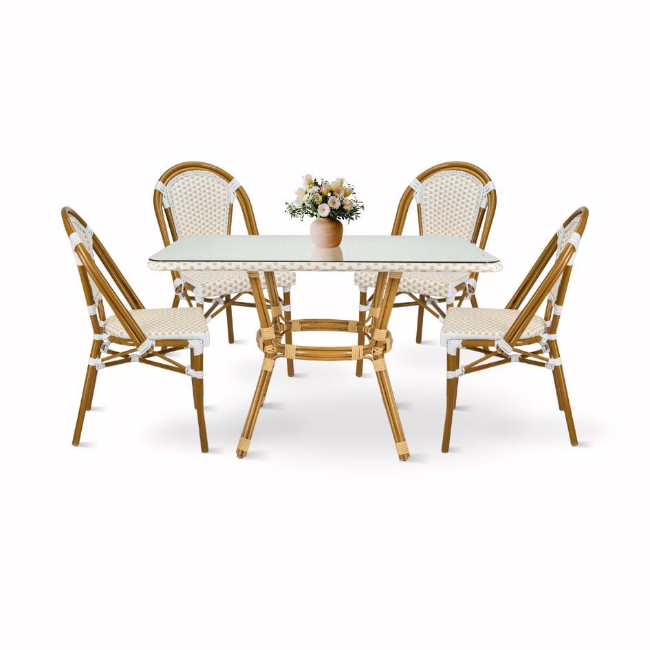Toulouse White and Beige French Bistro Set Includes  48" x 36" Table and 4 Chairs FBK-SQ-WB-WB4-AX