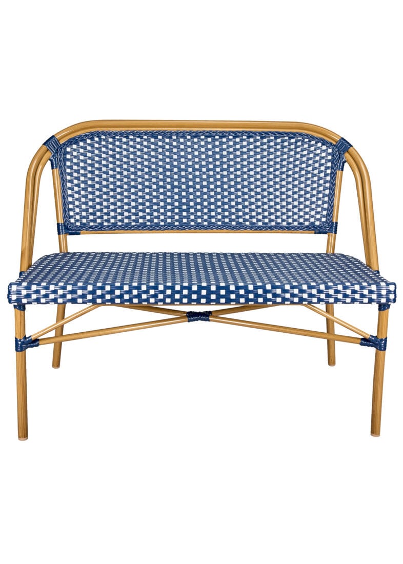 Toulouse Blue on White Medium Frame Bistro Bench Seats 2 PE Rattan BNBPBLU-AX-T