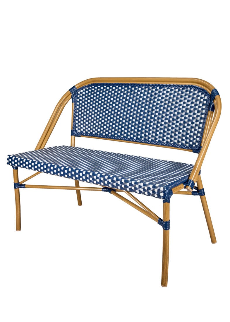 Toulouse Blue on White Medium Frame Bistro Bench Seats 2 PE Rattan BNBPBLU-AX-T