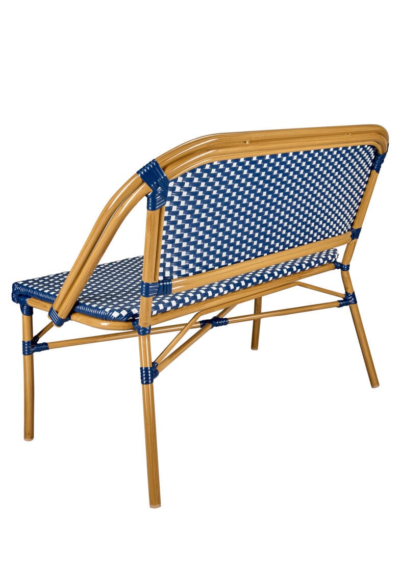 Toulouse Blue on White Medium Frame Bistro Bench Seats 2 PE Rattan BNBPBLU-AX-T