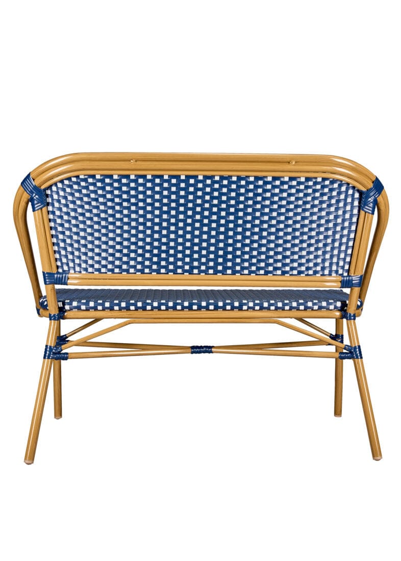 Toulouse Blue on White Medium Frame Bistro Bench Seats 2 PE Rattan BNBPBLU-AX-T